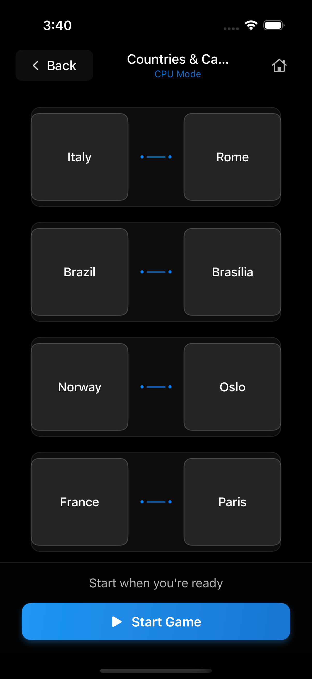 CortexQuest game preview showing country-capital pairs